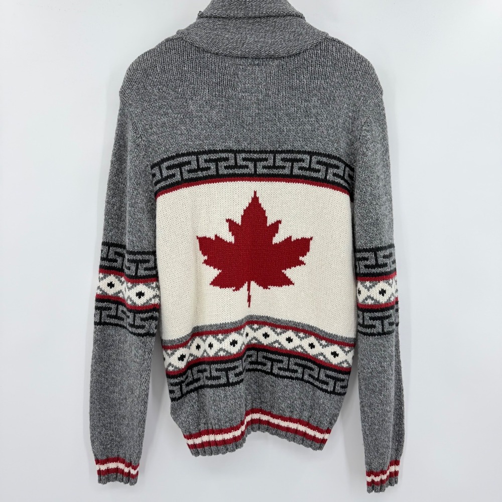 Canadiana Mens Full Zip Cardigan Sweater Gray Moose Maple Leaf Shawl Neck Small - Picture 2 of 5